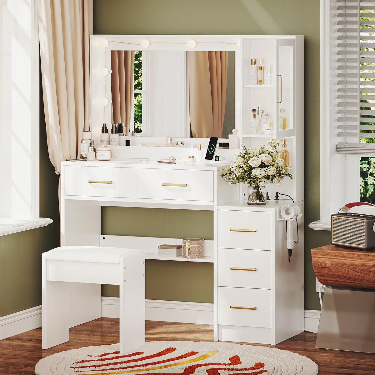 UGTOO 58.3" White Vanity Desk with Mirror, Adjustable Lighting, Power Outlet, Drawers, with Stool