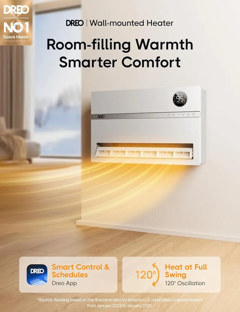 Dreo WH719S Smart Wall Heater | 1500W Vertical Oscillating Heater with 120 Sweep, Alexa Integration, 24H Timer, Remote & Adjustable Thermostat for Compact Spaces