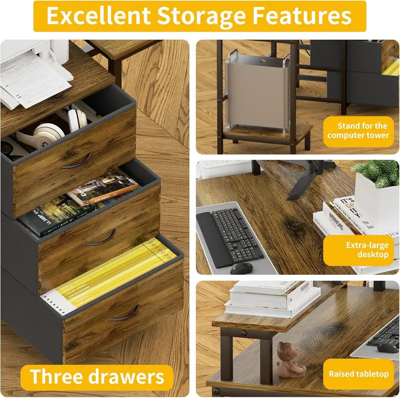 Dual-User LED Desk with Charging Station  Long Study Table Featuring Dual Monitor Riser, USB Ports, Outlets & Storage Drawers