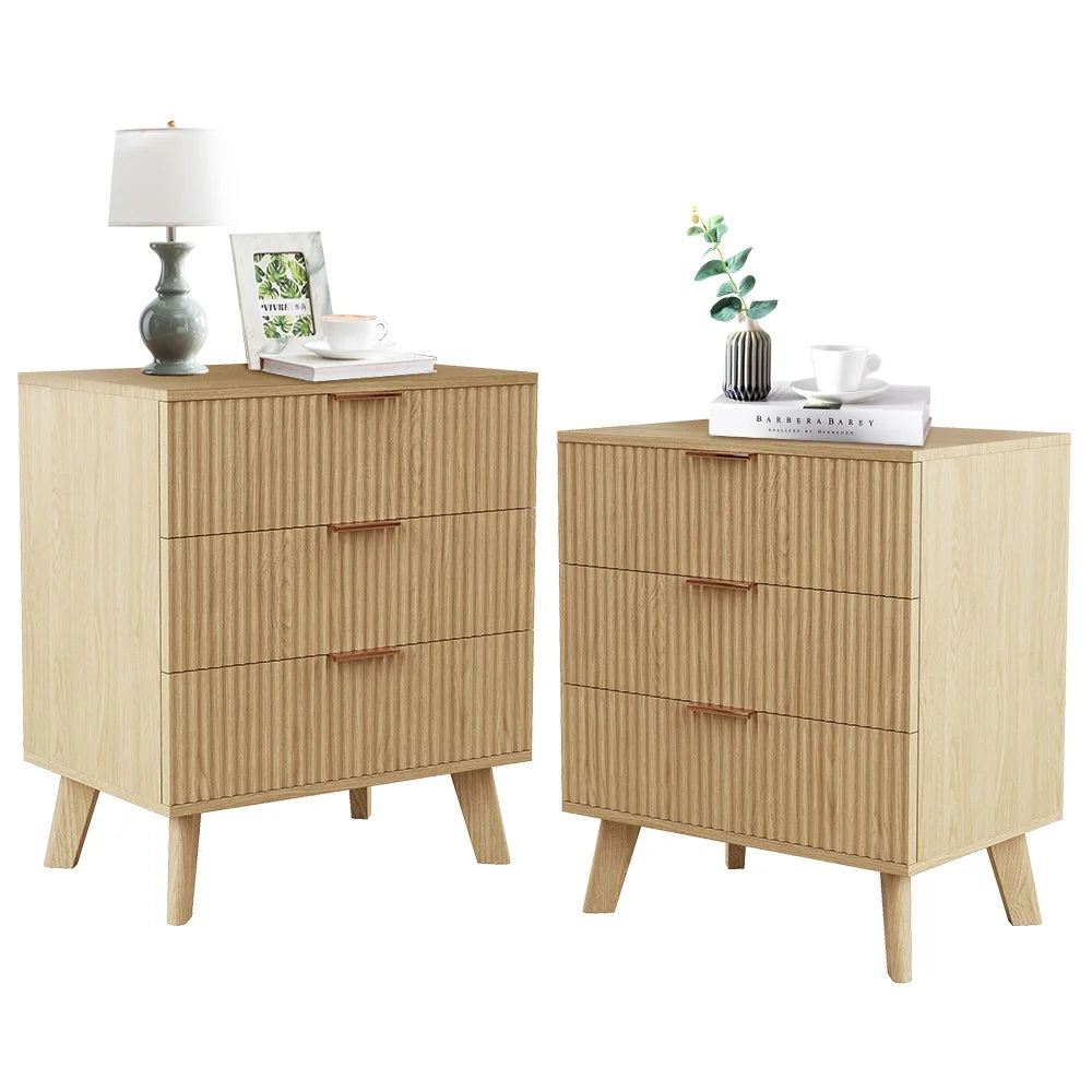 YOCWO Fluted Nightstand for Bedroom Set of 2, Wood Bedside Table Set of 2 with Drawers, Black