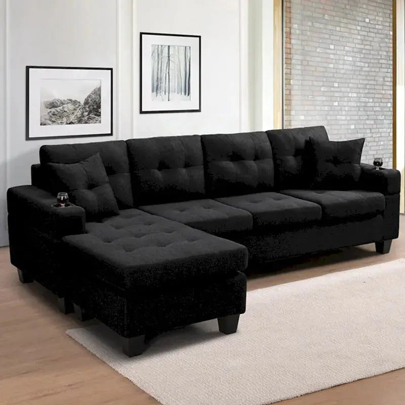 Contemporary L-Shaped Sectional Sofa with Integrated Cup Holders and Lounge Chaise