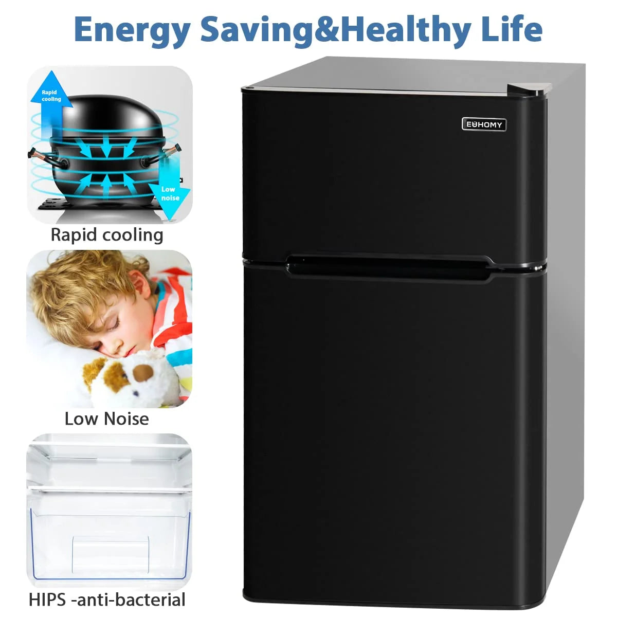EUHOMY Mini Fridge with Freezer, 3.2 Cu.Ft Mini refrigerator with freezer, Dorm fridge with freezer 2 door For Bedroom/Dorm/Apartment/Office - Food Storage or Cooling Drinks (Black).