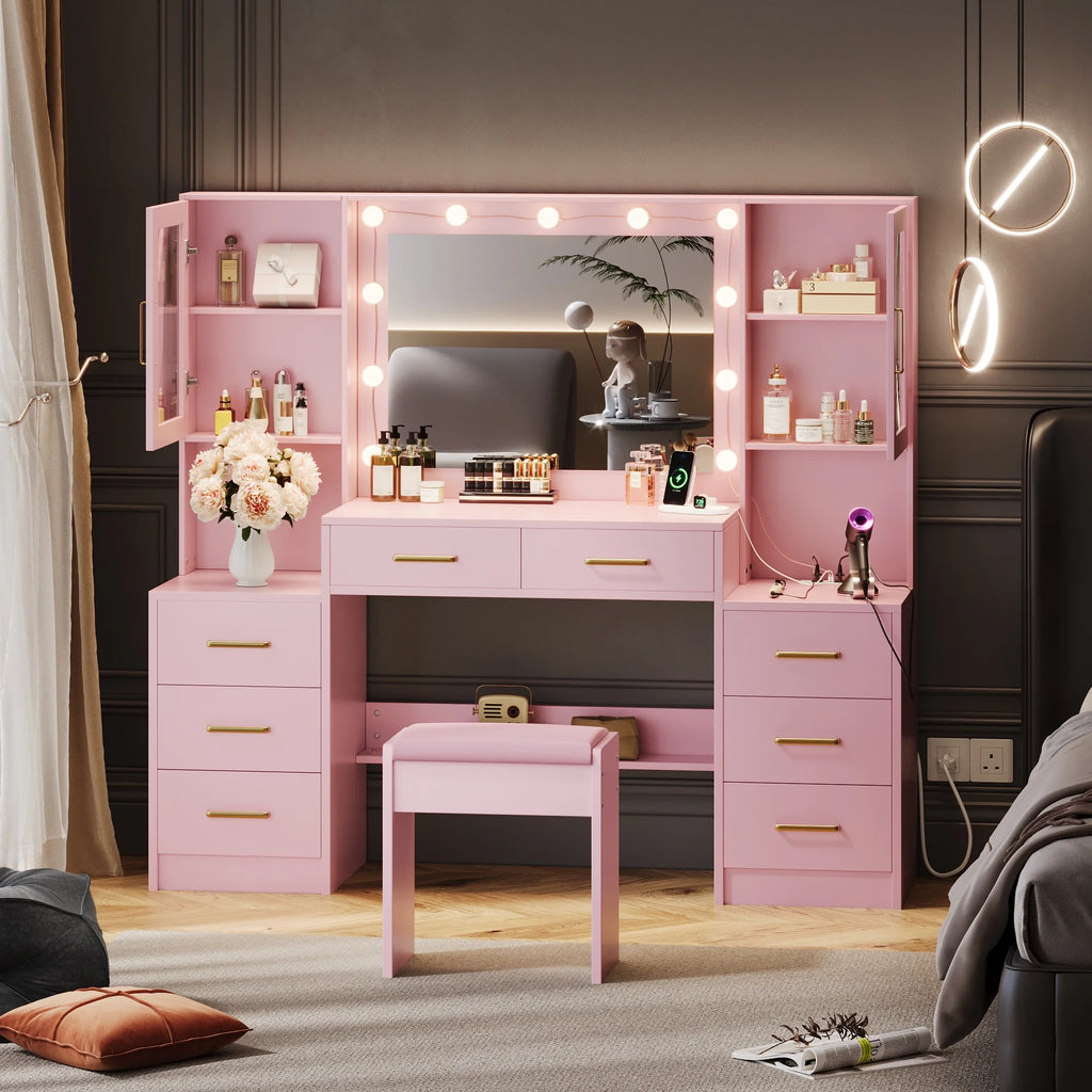 UGTOO 58.3" White Vanity Desk with Mirror, Adjustable Lighting, Power Outlet, Drawers, with Stool