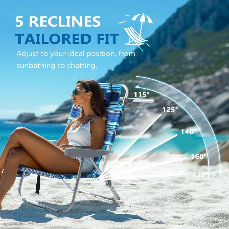 Tall Aluminum Backpack Beach Chairs – 2-Pack, 5-Position Lay-Flat Design with Cooler Pouch, Towel Bar, Phone Holder & Cup Holder, Blue Stripe