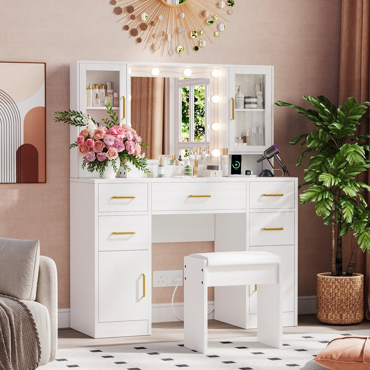 UGTOO 58.3" White Vanity Desk with Mirror, Adjustable Lighting, Power Outlet, Drawers, with Stool