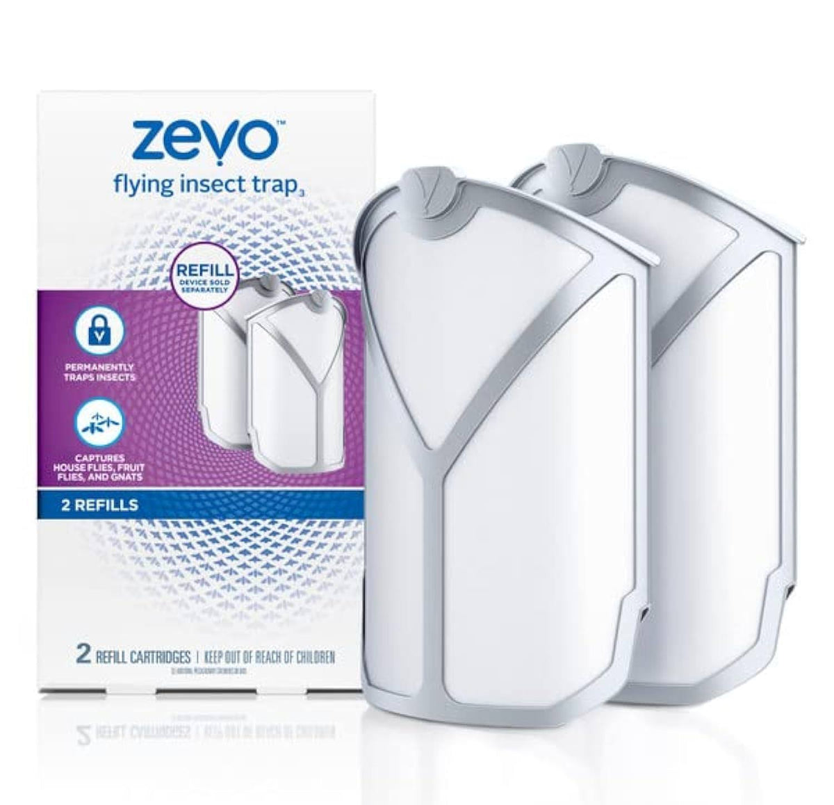 ZEVO Flying Insect Trap Refill Kit| Attracts and Traps Insects Like Fruit Flies, Gnats, House Mosquitoes Other | Pack Includes 2 Cartridges| Device