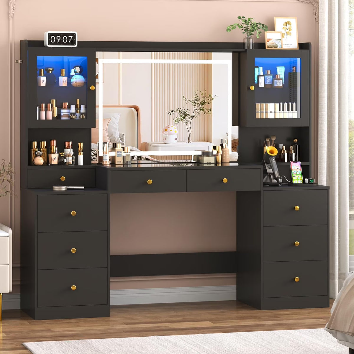 Blotout 62'' Large Vanity Desk W/60000 - Color LED Lights, Tempered Glass Top, Power Outlet, Makeup Vanity Table W/ 3 Lights Mode Mirror, 9 Drawers, 2 RGB Cabinets, LED Dressing Table for Girls, Women