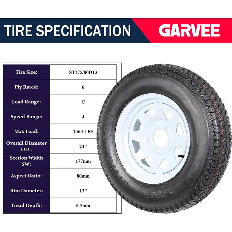 Trailer Tire & Wheel Combo – 175/80-13 White Spoke Rims, 5-Lug, Load Range C (2-Pack)