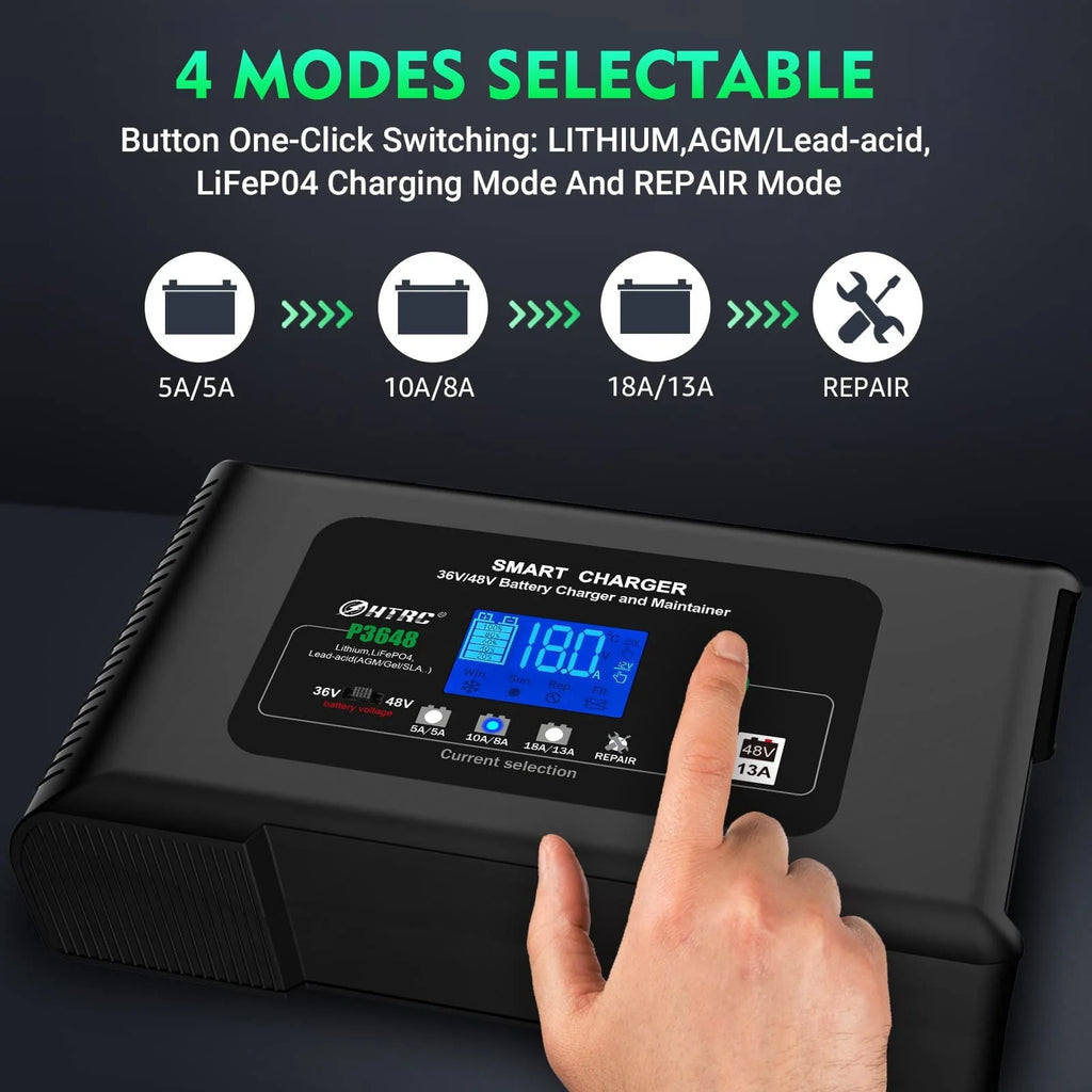 Car Battery Charger 18 Amp Automatic Smart Charger, 36V/18A 48V/13A, for Lead Acid (AGM/Gel/SLA)/LiFePO4 Trickle Charger, Pulse Repair Car Battery Charger, Deep Cycle Battery Charger