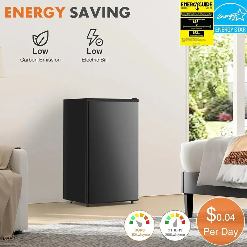 Sweetcrispy 3.2 Cu Ft Mini Fridge with Freezer — Single-Door, Adjustable Thermostat, Low-Noise, Energy-Efficient Dorm Refrigerator (Black)