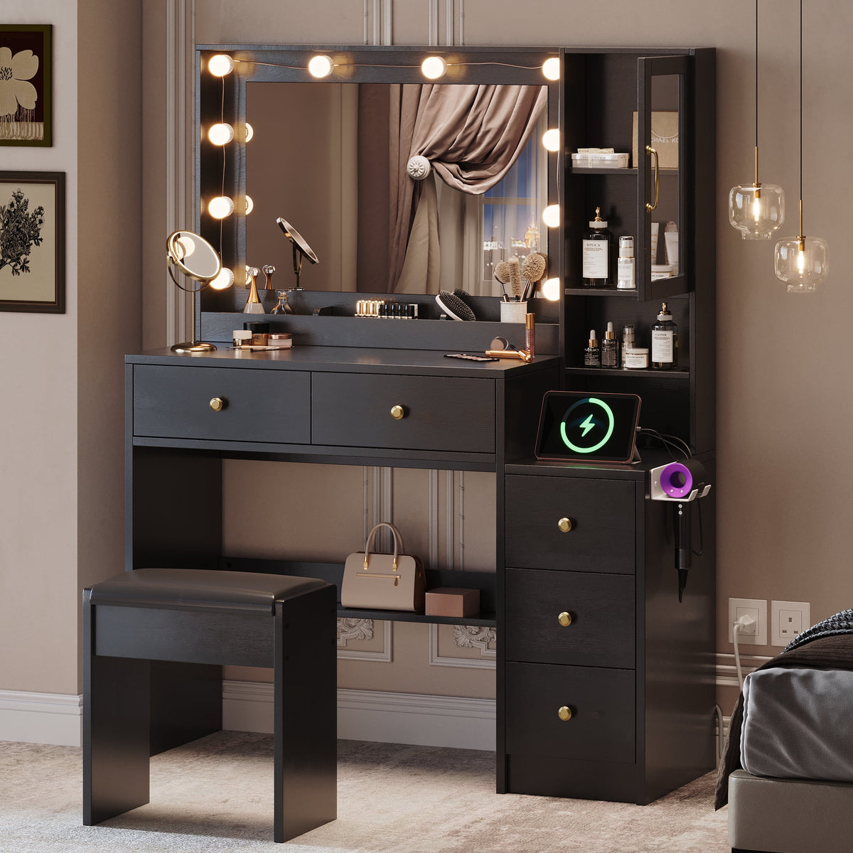 UGTOO 58.3" White Vanity Desk with Mirror, Adjustable Lighting, Power Outlet, Drawers, with Stool