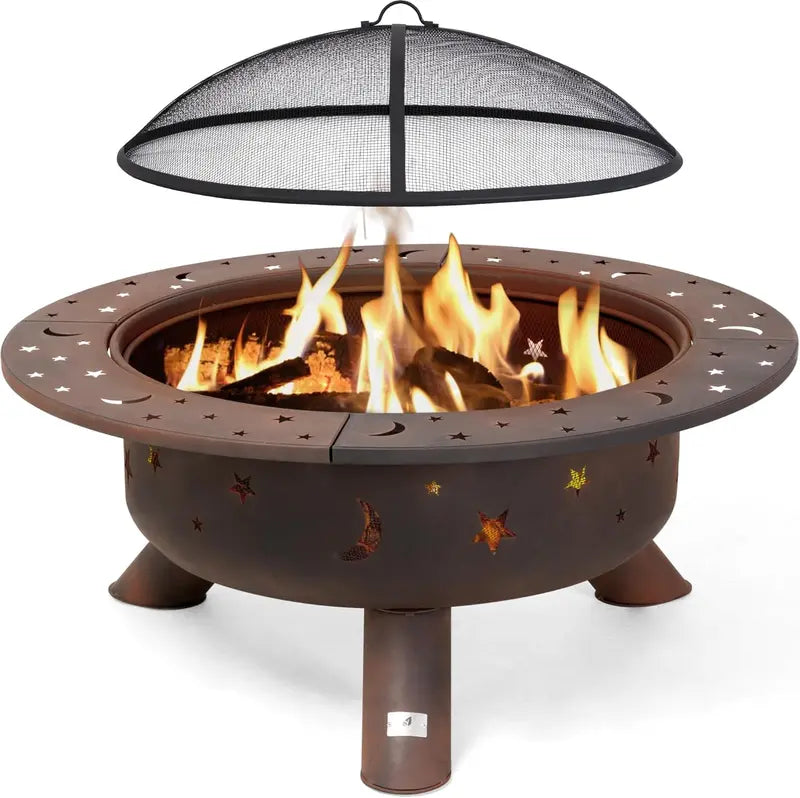 SUNCREAT 42″ Wood-Burning Patio Fire Pit with Spark Screen & Fireplace Poker – Heavy-Duty Black Outdoor Bonfire Unit