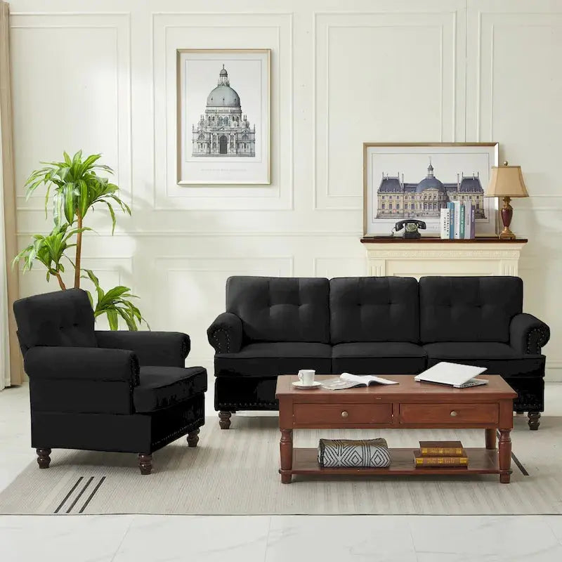 Three-Piece Chenille Living Room Sofa Set – Button-Tufted Design with Nailhead Trim and Rubberwood Legs