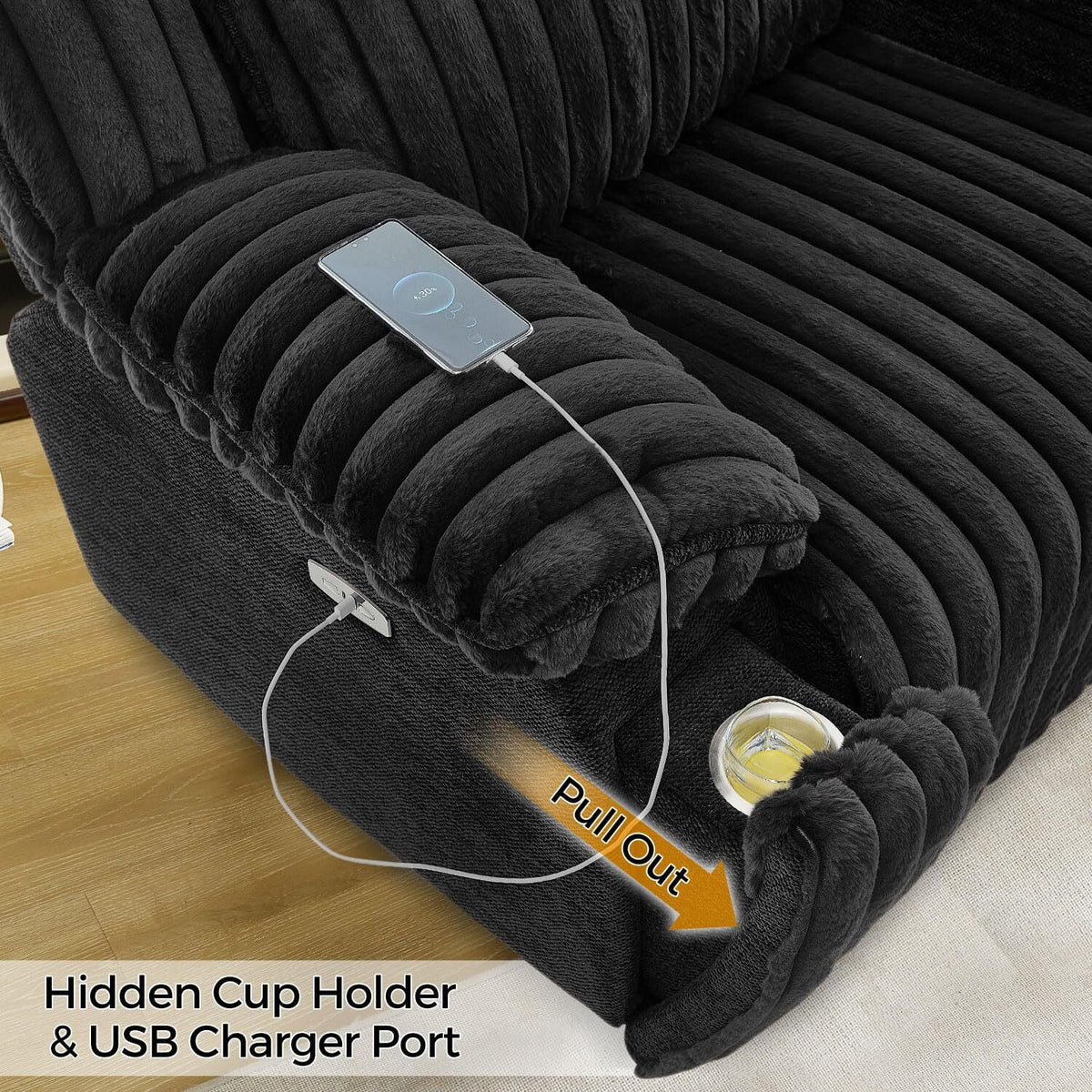 Power Reclining Sectional Sofa with Wireless Charger, 6 - Seater Faux Fur Sectional with Recliners, Hidden Cup Holders, Storage Console, USB & Type - C Ports, Black