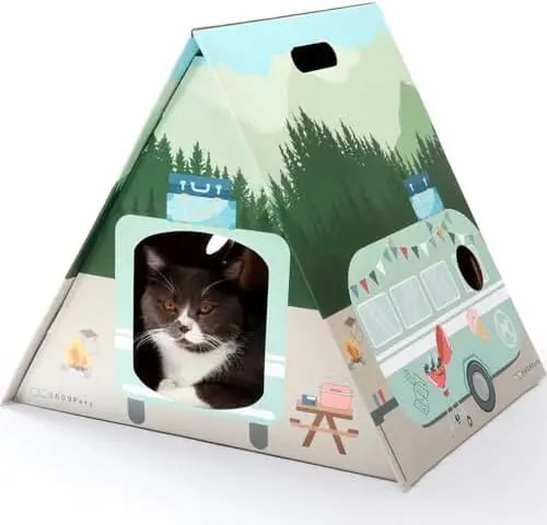 Spacious Cardboard Cat House for Indoor Cats, Durable Camper Tent Design, Easy Assembly, Furniture Protector