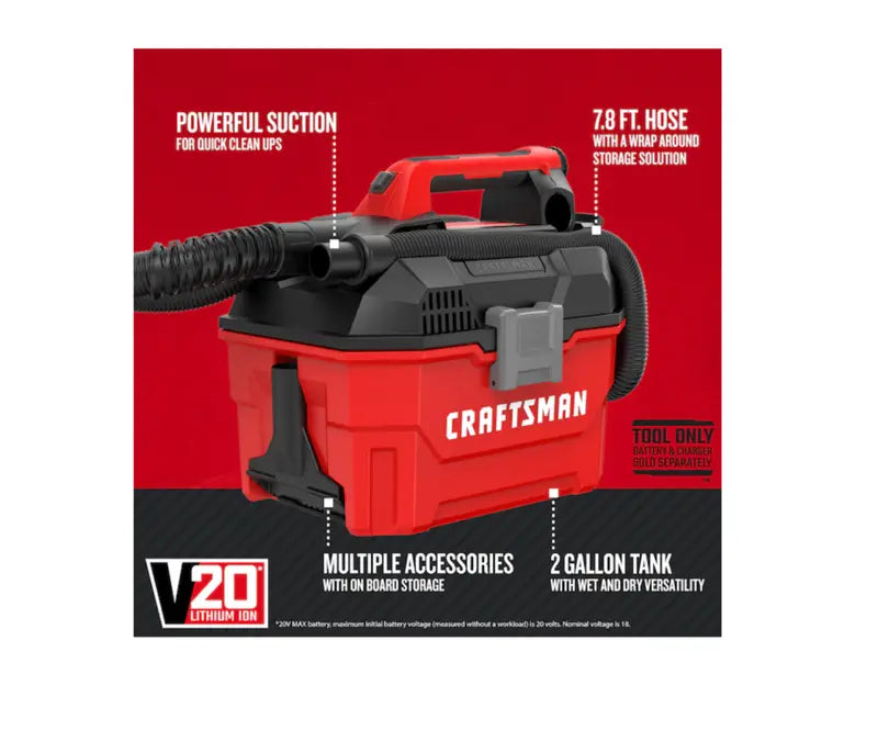 CRAFTSMAN V20 2-Gallon Cordless Wet/Dry Vacuum  HEPA Filtration, Portable Design, 20V Platform (Battery Sold Separately)
