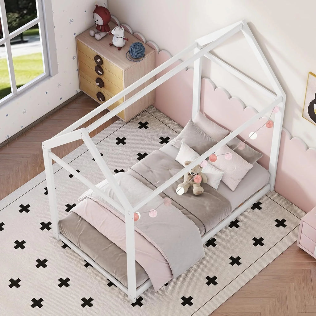 Twin House Floor Bed for Kids. Wooden Twin Montessori Bed Frame