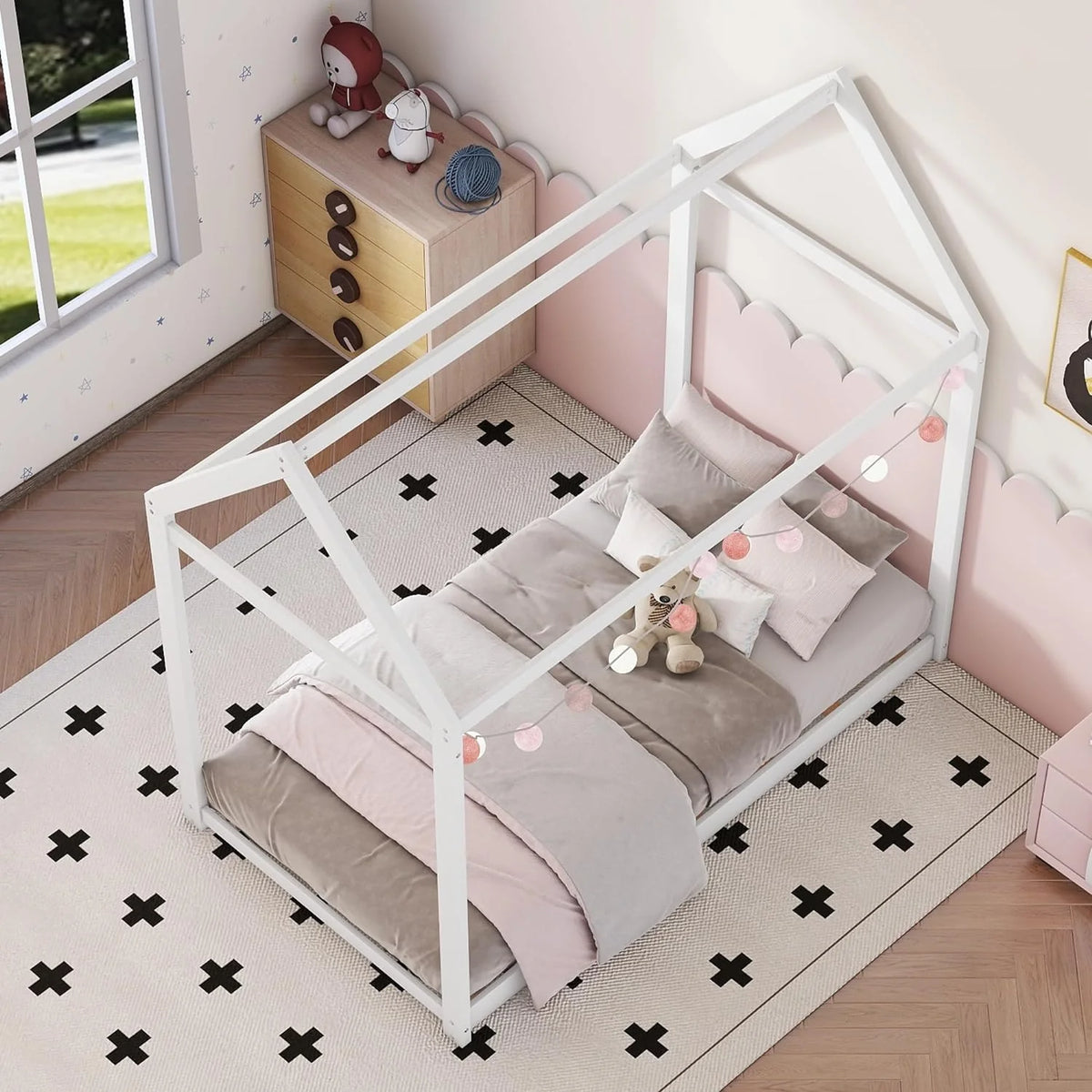 Twin House Floor Bed for Kids. Wooden Twin Montessori Bed Frame
