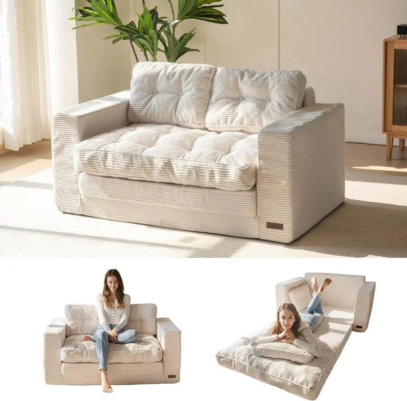 Convertible Sofa Bed  Pull-Out Double Lounge with Padded Beige Upholstery for Living Room or Bedroom