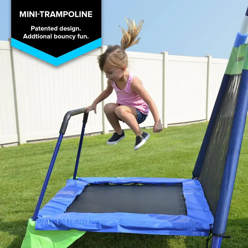 Sportspower Mountain View Metal Playset – Features Glide Ride, Saucer Swing, Trampoline, and Slide with Lifetime Warranty