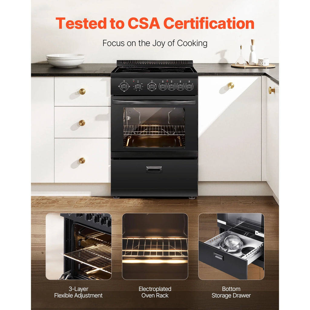 KFFKFF 24 - Inch Electric Range Oven, 2.7 Cu. Ft. Compact Freestanding Design, Stainless Steel Finish, Features 4 Burners, Adjustable Racks, Storage Drawer, Drip Pan, and Indicator Light, Black