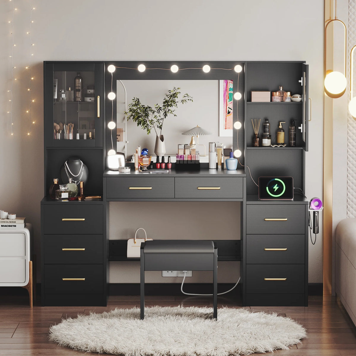 UGTOO 58.3" White Vanity Desk with Mirror, Adjustable Lighting, Power Outlet, Drawers, with Stool