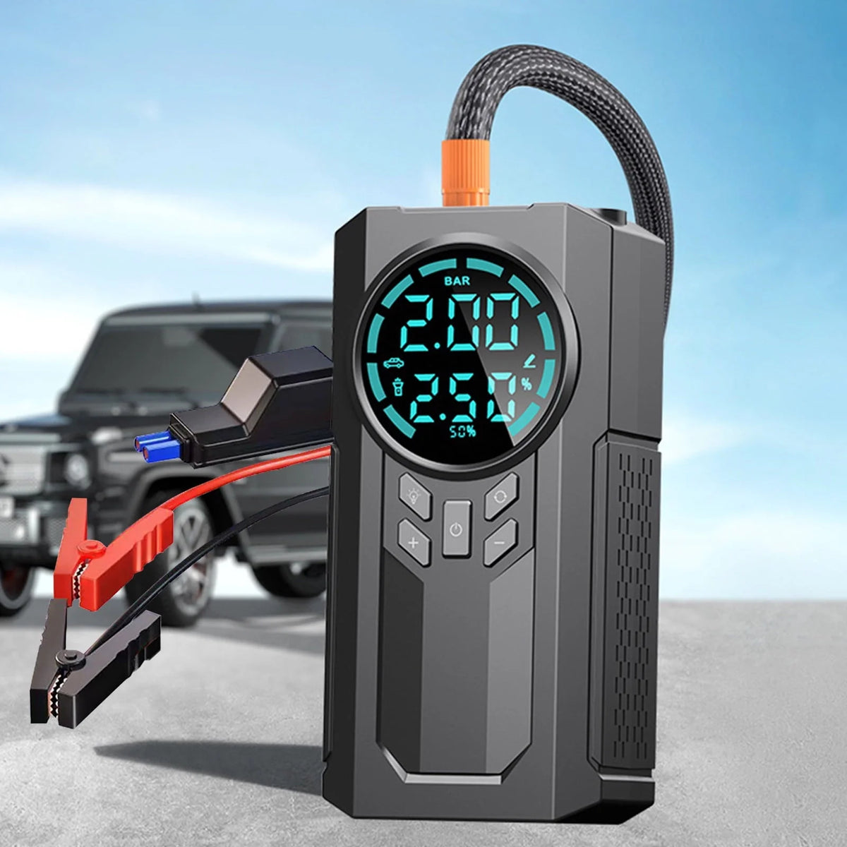 COFEST Car Inflator Battery Jump 2-in-1 1000A Emergency Start Power Supply 12V Battery Pack Battery Booster Jump Box Portable Charger Jumper Cables LED Display Screen Black