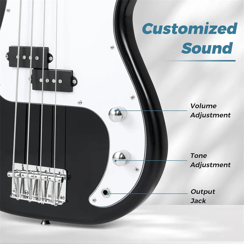 46" Right-handed Electric Bass Guitar, 4 Strings Full Size Bass Kit with Double Pickups, Open-gear Tuning, Gig Bag, Strap & Cable for Beginners