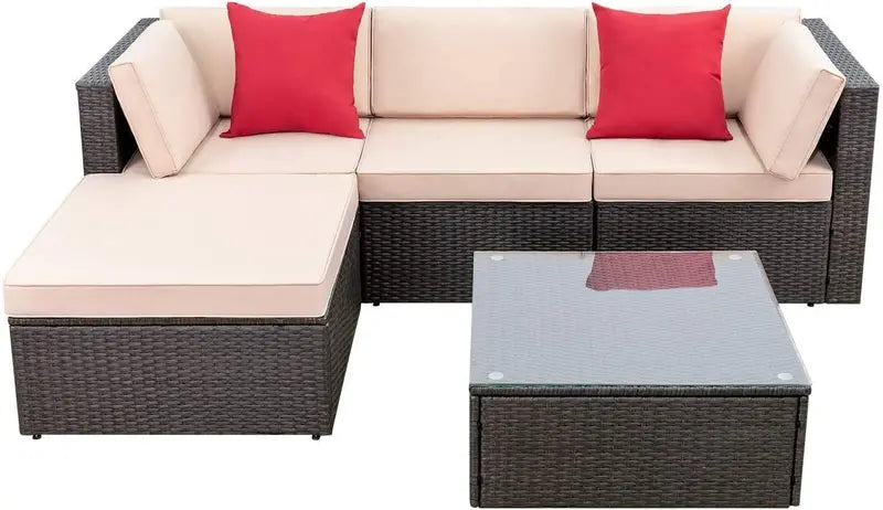 Devoko 5-Piece All-Weather Patio Sectional Set  Beige Wicker Rattan Sofa with Cushions and Tempered Glass Table