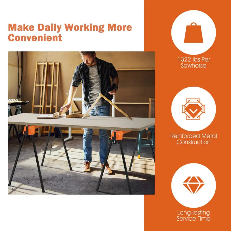 Twin Folding Sawhorses – Heavy-Duty 2×4 Support with 1322 LB Total Capacity