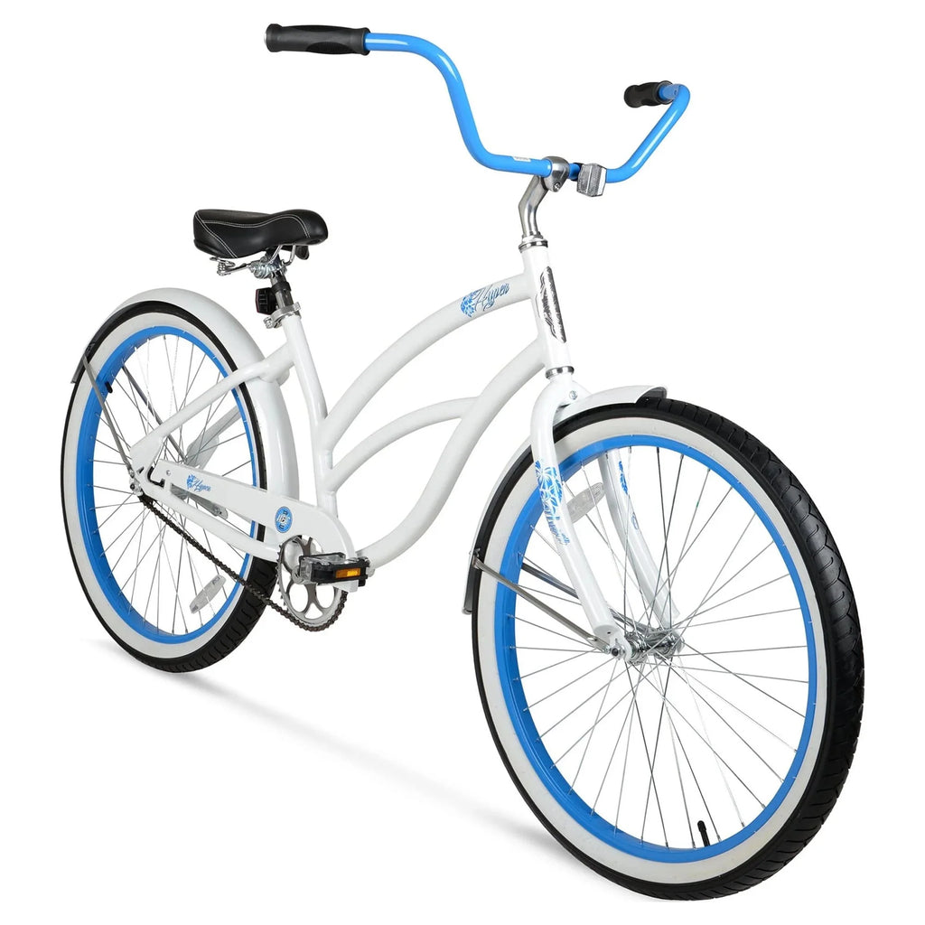 Hyper Bicycle Women's 26 In. Beach Cruiser, White with Blue Rim