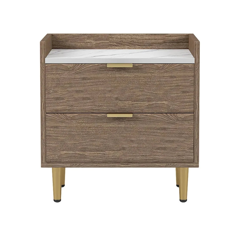 Ecarpat Wooden Nightstand with 2 Drawers, Bedside Table with Metal Legs&Handles, Side Table with Marbling Worktop for Living Room Bedroom, Walnut