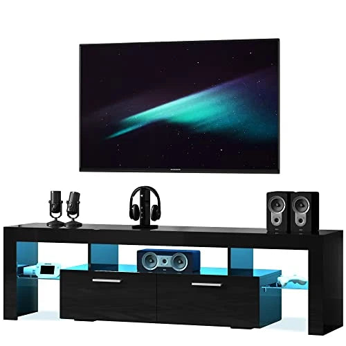 Entrintou Modern LED TV Stand for 32/40/50/55 inch TV, High Glossy Entertainment Center with LED Lights, Gaming Television Stands with Large Storage, Black Wood TV Console for Living Room, Bedroom