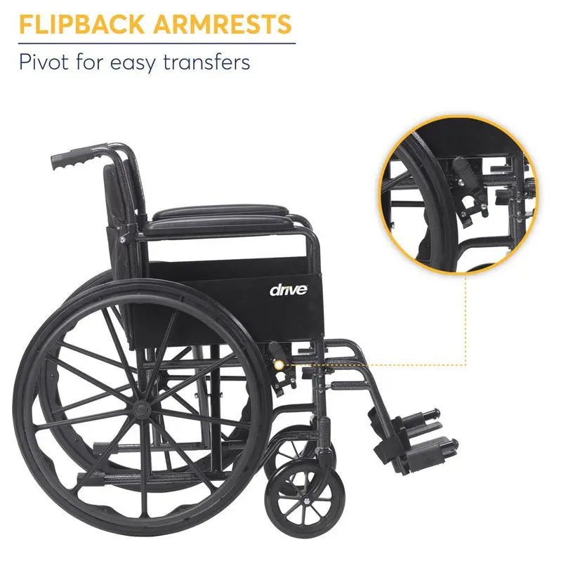 Drive Medical Silver Sport 1 Lightweight Manual Wheelchair with Full-Length Arms and Swing-Away Removable Footrests