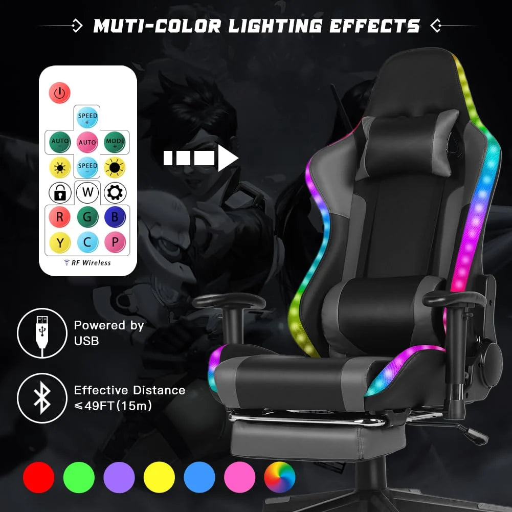 Gaming Chair with Speakers, Video Game Chair with RGB LED Lights, Footrest, Ergonomic Racing Computer Gaming Recliner Chair Swivel E-Sports Chair with Lumbar Support Headrest Armrest, Black