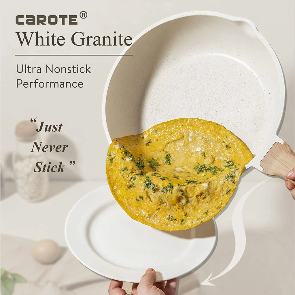 CAROTE C01520 Pots and Pans Set Nonstick . White Granite Induction Kitchen Cookware Sets . 10 Pcs Non Stick Cooking Set w/ Frying Pans and Saucepans(PFOS  . PFOA Free)
