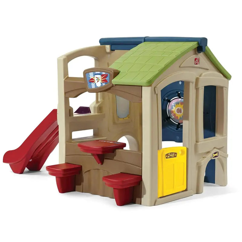 Step2 Neighborhood Fun Center – Outdoor Brown Plastic Playhouse with Slide for Kids