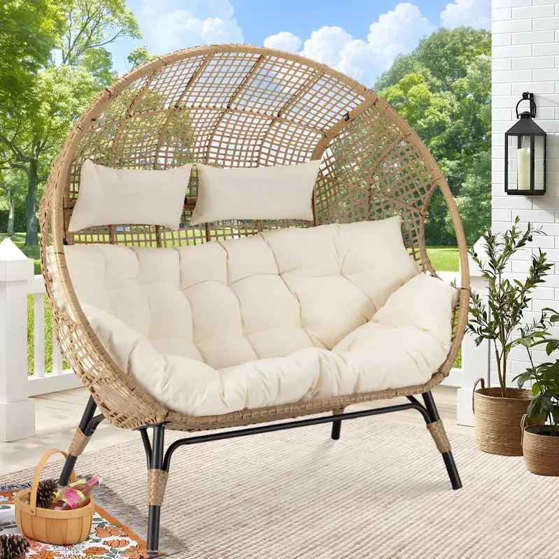 Two-Person Radiata Double Egg Chair – Oversized Wicker Loveseat with Extra-Thick Cushions & 680 lb Weight Capacity