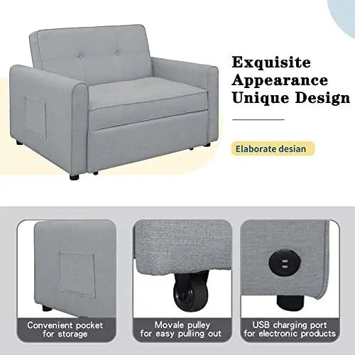 Convertible Sleeper Sofa Chair in Grey  Space-Saving Single Bed with USB Charging Port & Lumbar Support Pillows