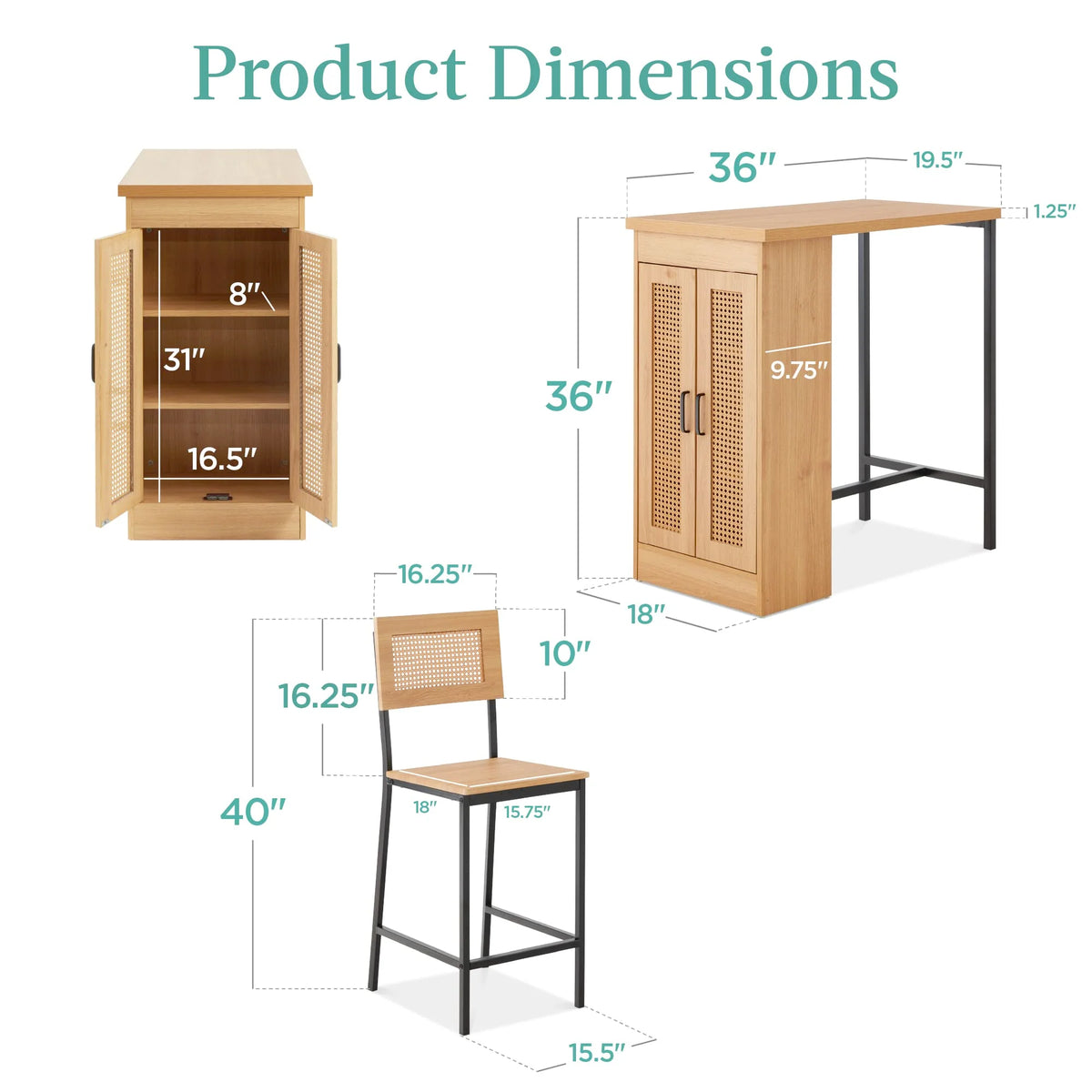 Best Choice Products 3-Piece Rattan Dining Set, Counter Height Boho Dining Table for Kitchen for 2, Dining Room w/Adjustable Storage Shelves, Cabinet Doors, Metal Frames