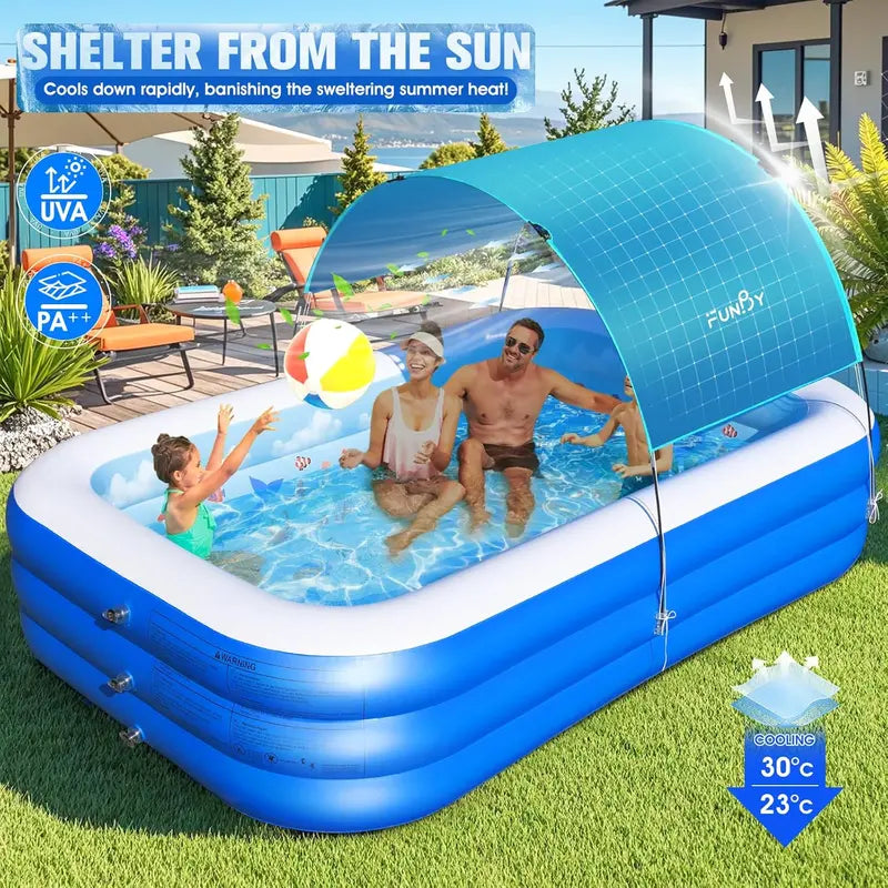 Ocean-Themed Inflatable Family Pool with Canopy – Extra-Large 105″ x 75″ x 25″, Thickened Vinyl for Kids & Adults, Backyard Swimming Pool