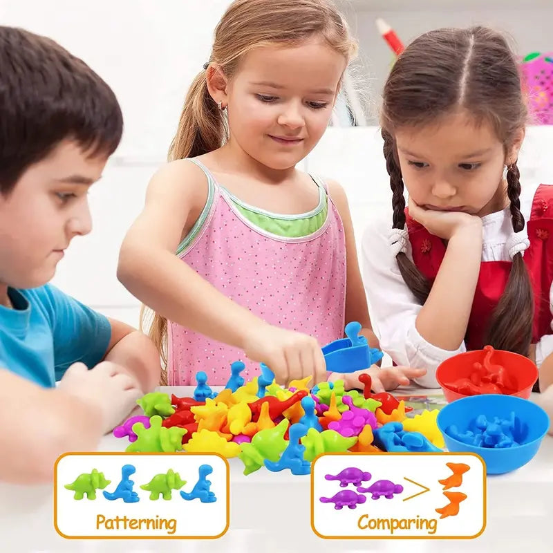 DinoPlay Counting Dinosaur Toys Set  Educational STEM Montessori Game with Sorting Bowls for Kids 3+