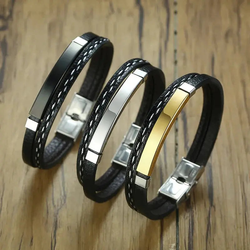 Textured Sew-Line Genuine Leather Bracelet