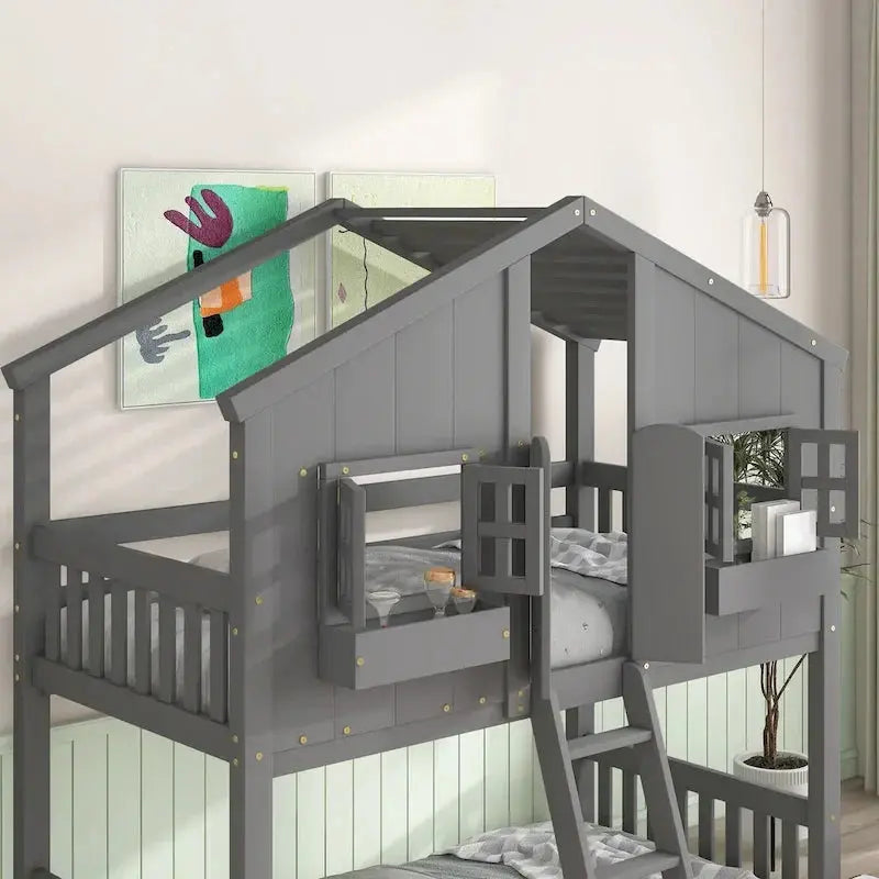 Twin-over-Twin Playhouse-Style Bunk Bed – Grey with Roof, Window & Safety Rails