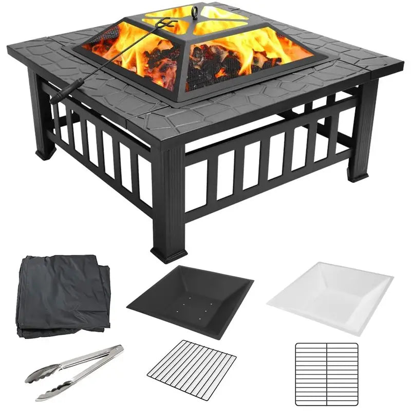 UHOMEPRO 32″ Outdoor Fire Pit Table, Wood Burning with Screen Lid, BBQ Net, Ice Tray, and Cover