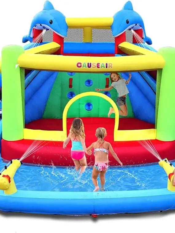 Dolphin Inflatable Water Slide & Bounce House with Double Cannons & Climbing Wall  Kids Backyard Water Park