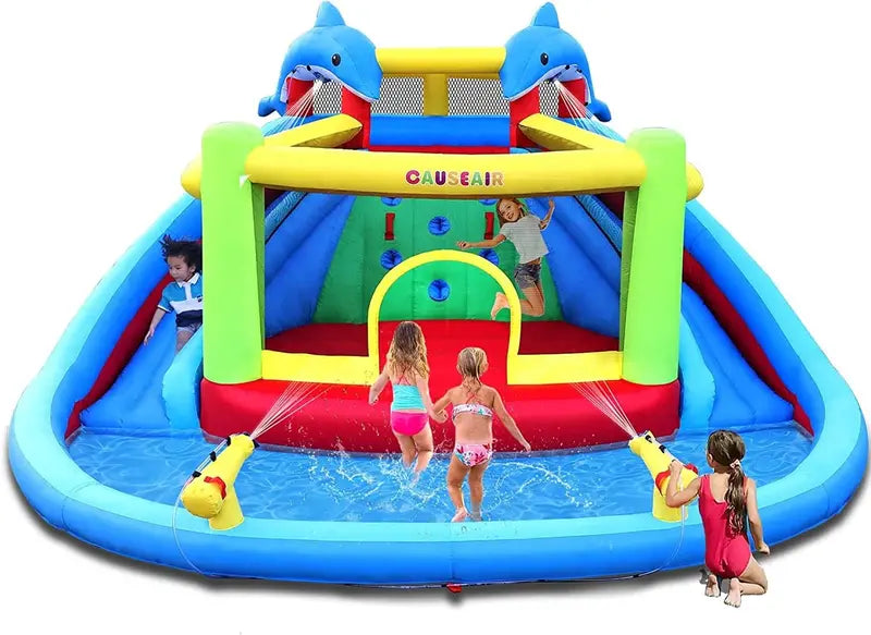 Dolphin Inflatable Water Slide & Bounce House with Double Cannons & Climbing Wall  Kids Backyard Water Park