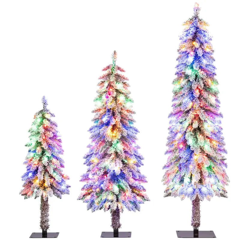 Three-Piece Snow-Flocked Christmas Tree Set – 3', 4', and 5' Trees with 300 Multicolor LEDs