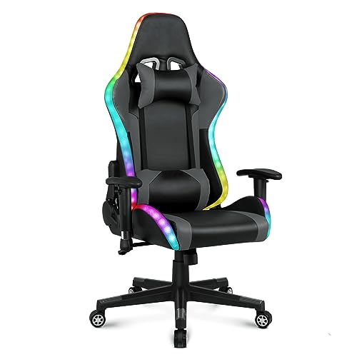 Gaming Chair with Speakers, Video Game Chair with RGB LED Lights, Footrest, Ergonomic Racing Computer Gaming Recliner Chair Swivel E-Sports Chair with Lumbar Support Headrest Armrest, Black