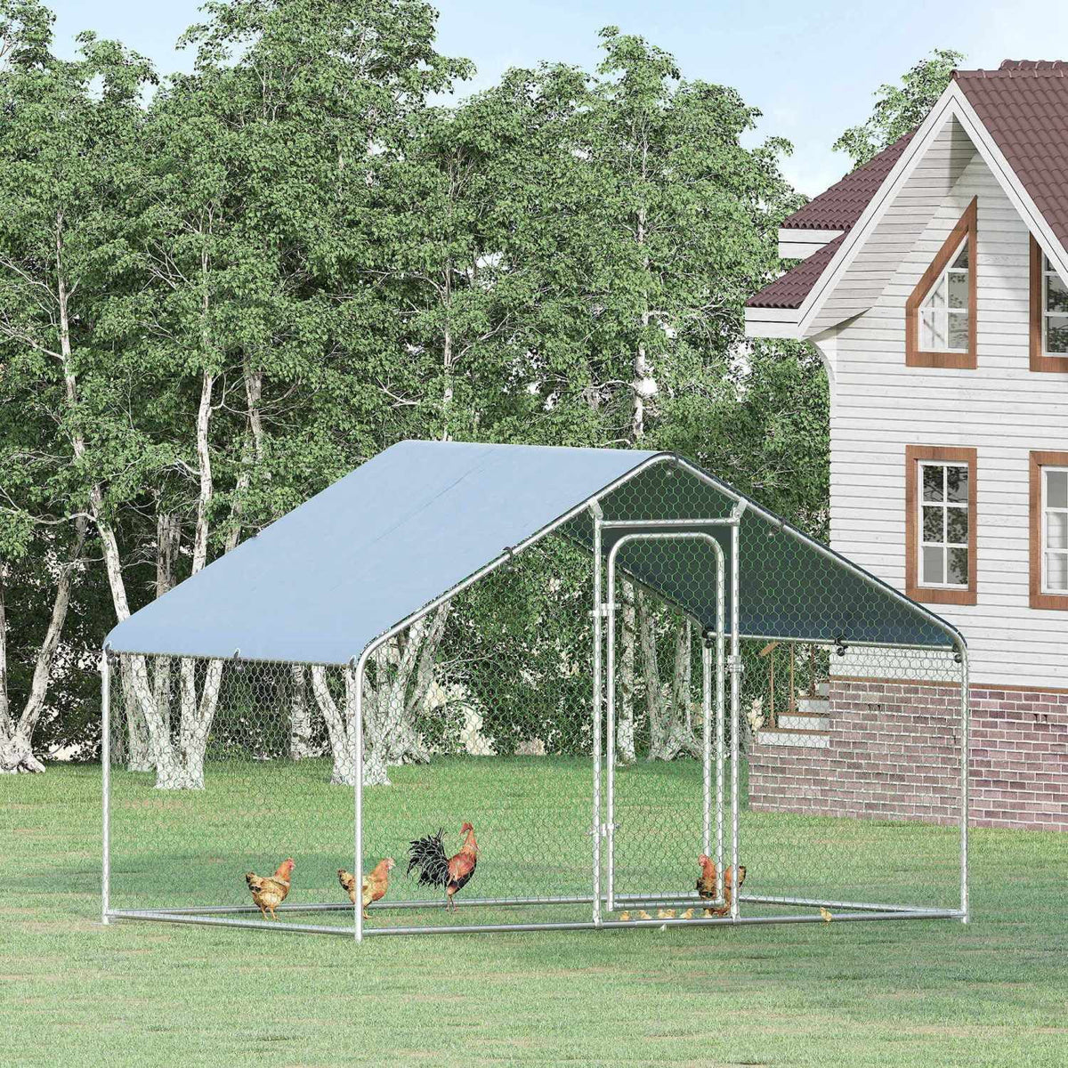 GFVCNIO PawHut Large Coop Metal Run with Waterproof and Anti-UV Cover Spire Shaped Walk-in Fence Cage Hen House for Outdoor and Yard Farm Use 1.26” Tube Diameter 9.8' x 6.6' x 6.4'